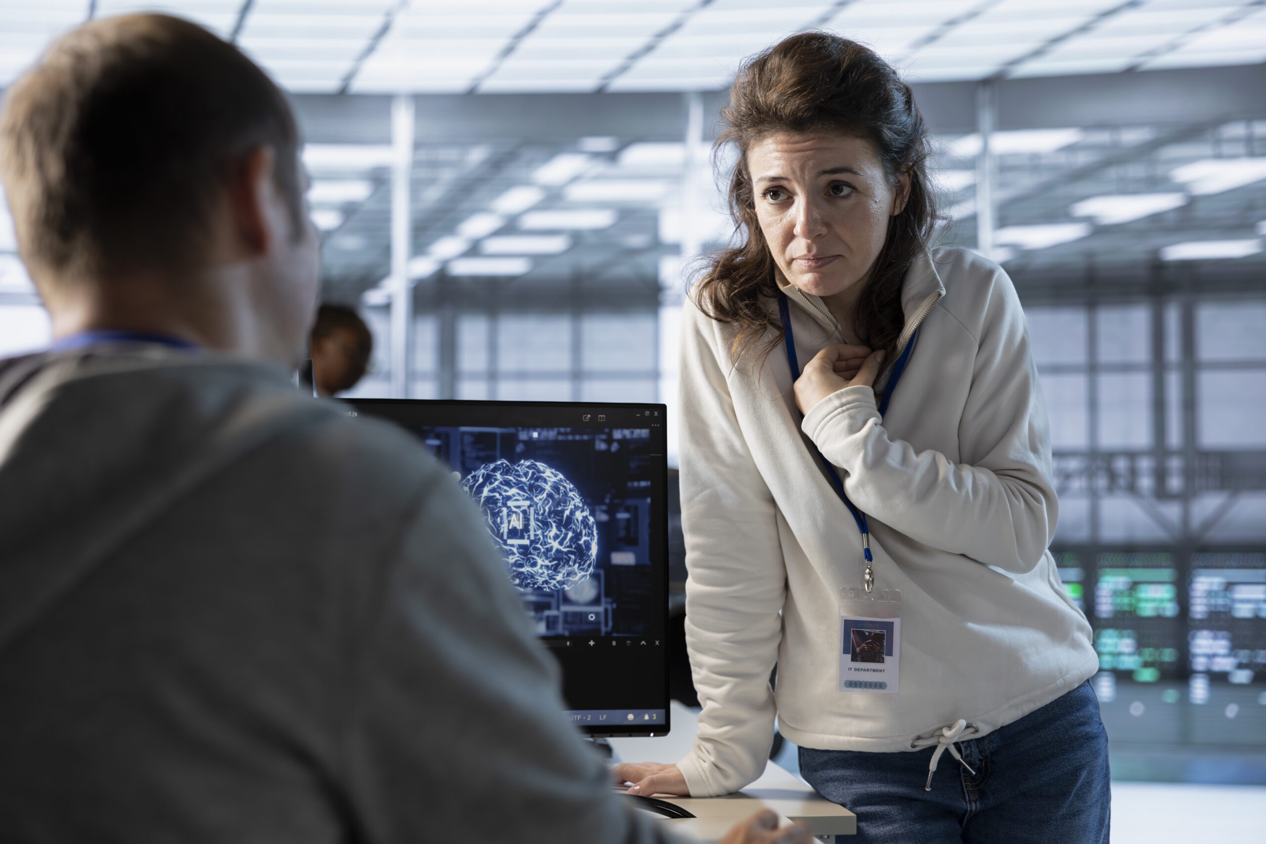 Team of engineers using machine learning to optimize data center operations, improving efficiency of infrastructure. Coworkers doing brainstorming, implementing server virtualization